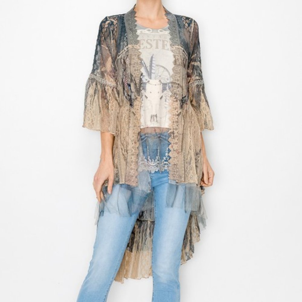 NEW ORIGAMI lace duster kimono cardigan wrap WESTERN BOHO LONGHORN TEXAS SM-4X